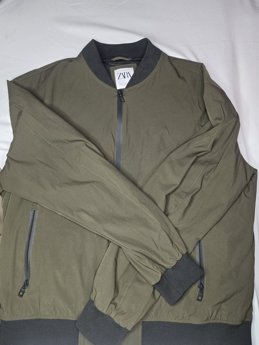 Zara Olive Bomber Jacket with Black Ribbed Trim